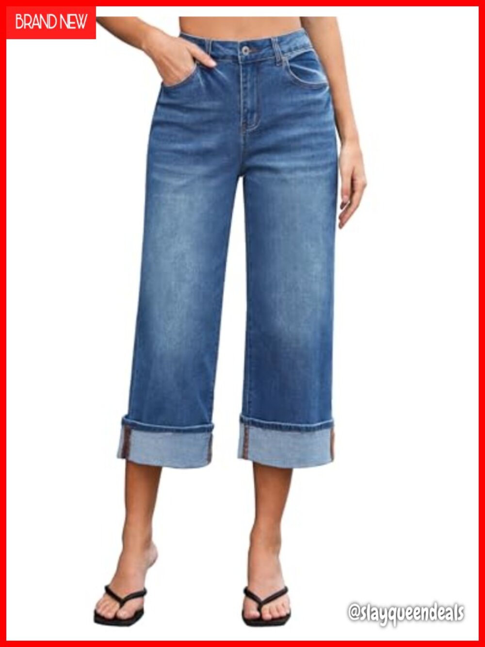 Wide Leg High Waisted Stretchy Denim Capri Jeans with Fold Hem